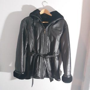 Wilson's black leather coat w fur lining and hood